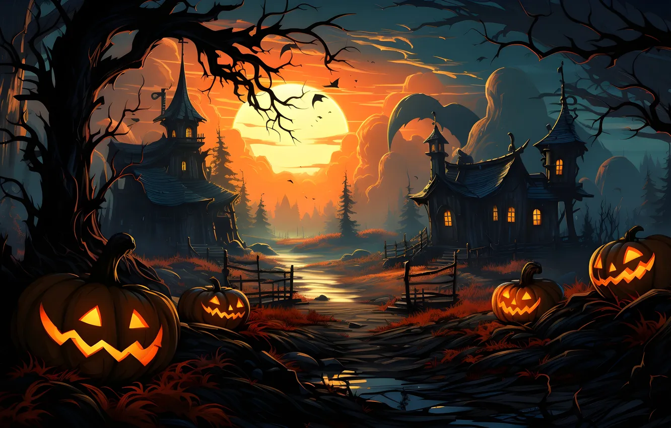 Photo wallpaper road, trees, night, clouds, lights, the moon, the fence, home