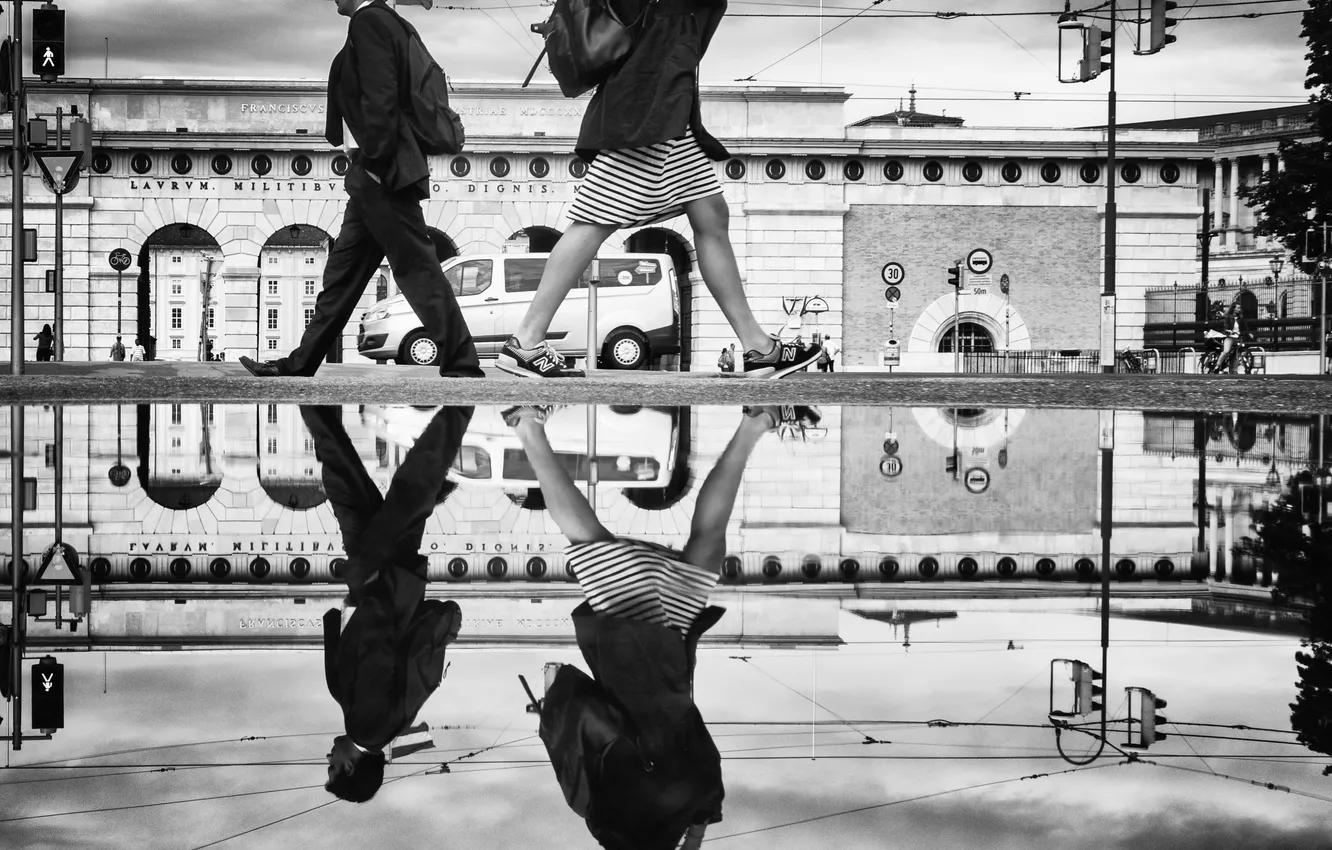 Photo wallpaper reflection, street, people, black and white