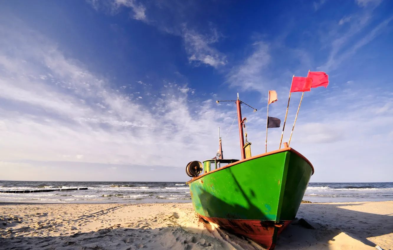 Photo wallpaper sand, sea, wave, beach, clouds, shore, boat, surf