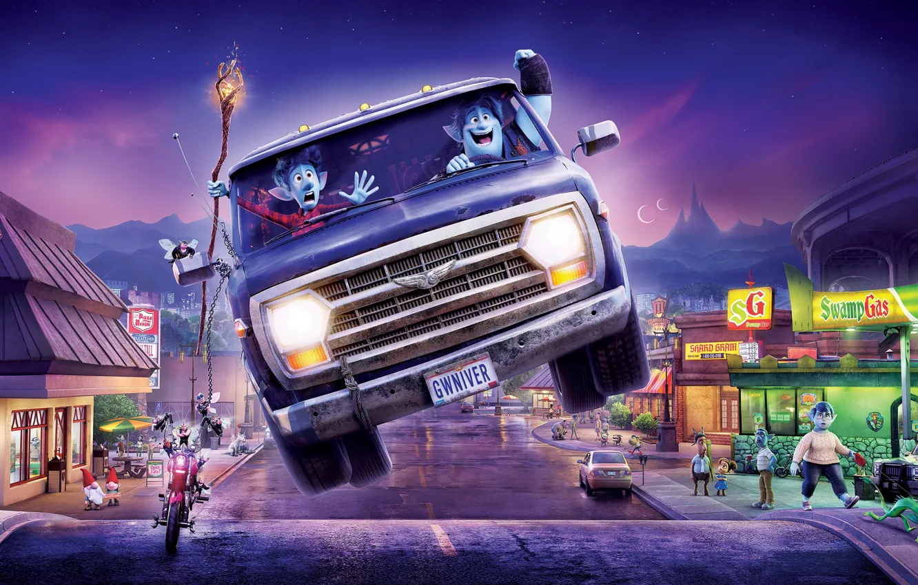 Photo wallpaper road, machine, the city, cartoon, chain, motorcycle, staff, Orc