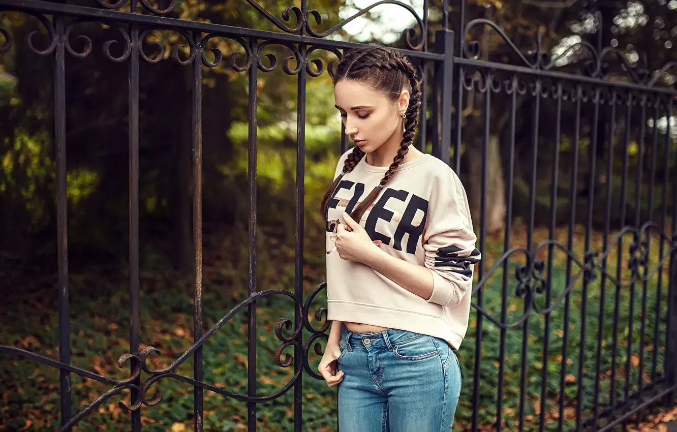 Photo wallpaper girl, long hair, trees, brown hair, photo, photographer, park, model