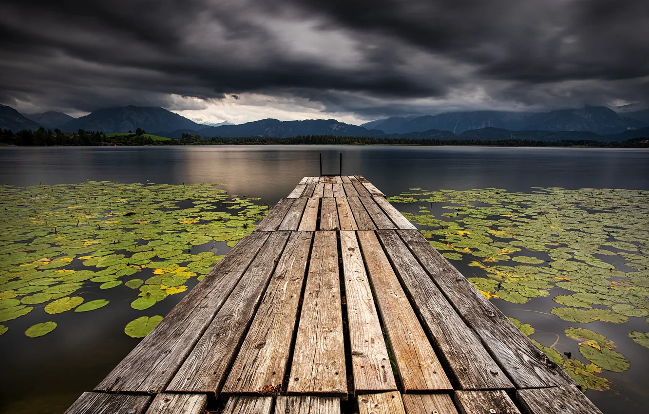 Photo wallpaper leaves, mountains, clouds, lake, pond, hills, shore, Board
