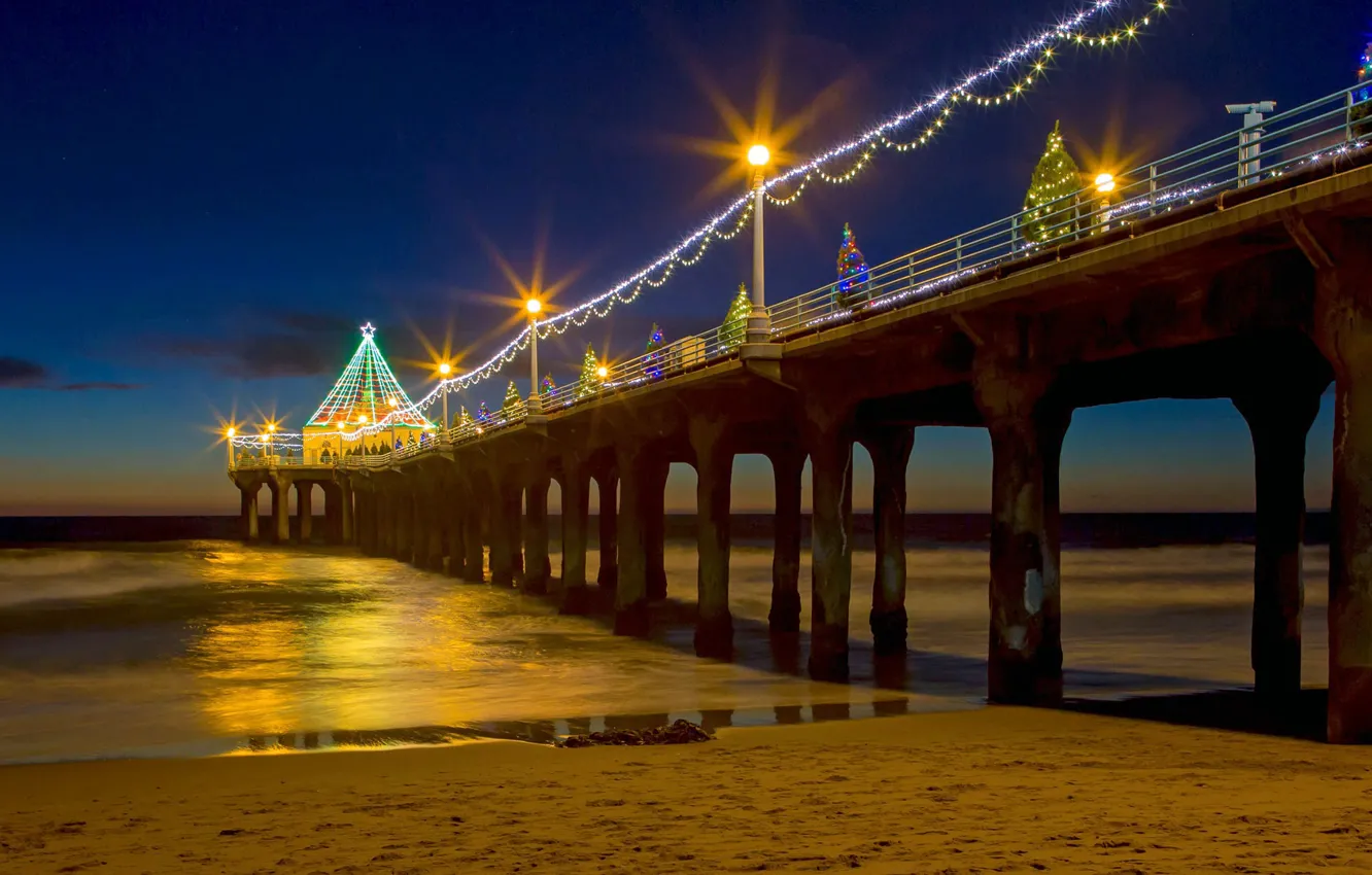 Photo wallpaper lights, holiday, tree, Christmas, CA, pierce, USA, Manhattan Beach