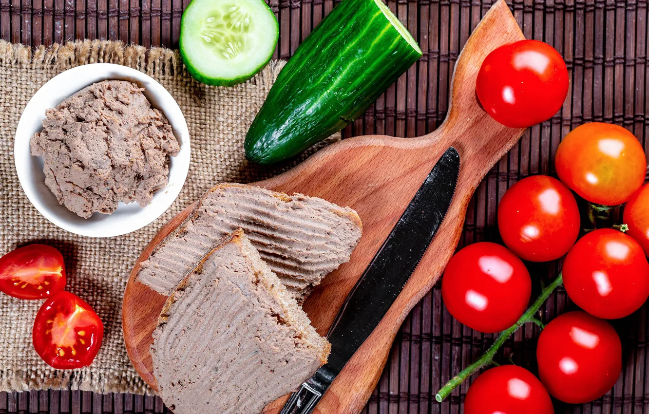 Photo wallpaper Board, vegetables, tomatoes, sandwiches, pate