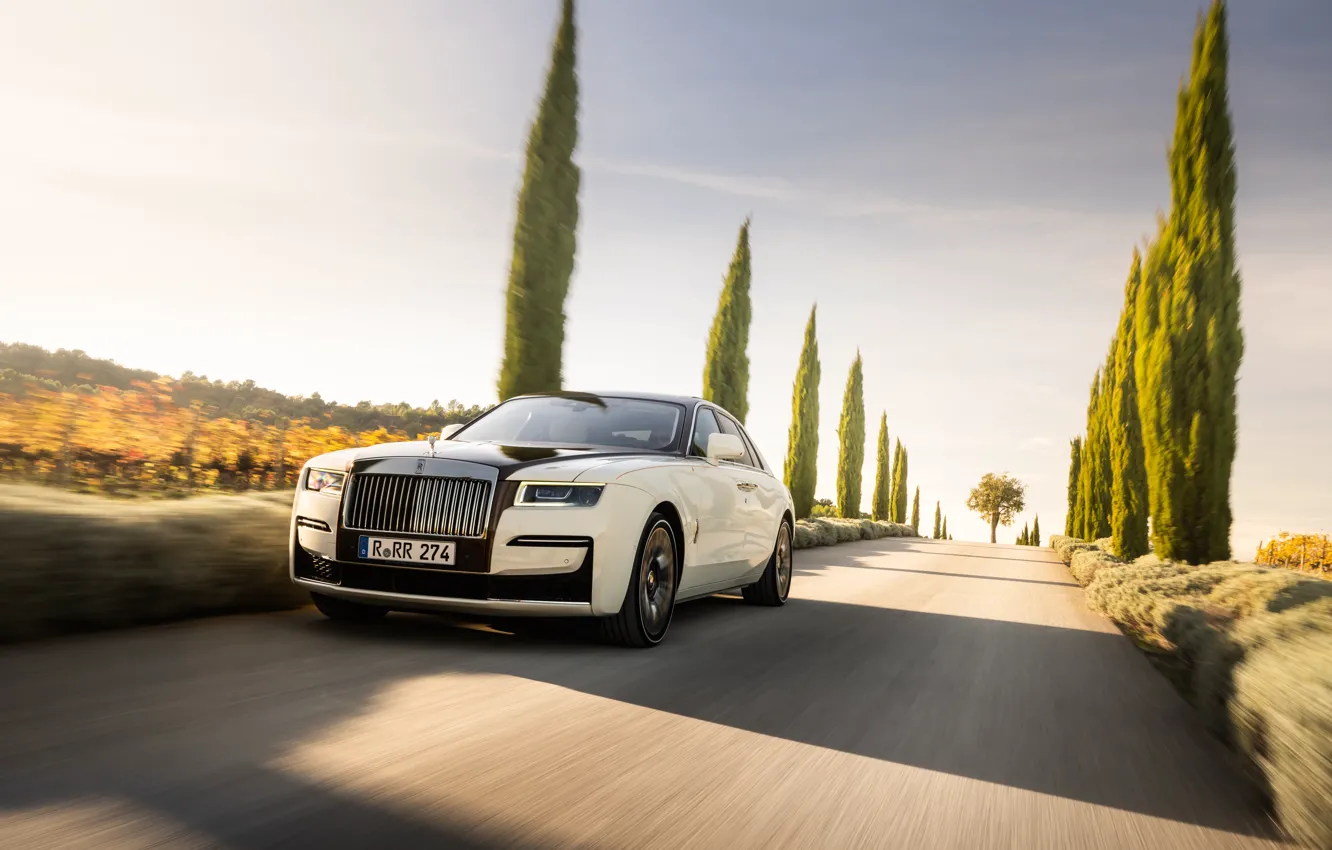 Photo wallpaper car, Rolls-Royce, Ghost, road, Rolls-Royce Ghost Amber Roads