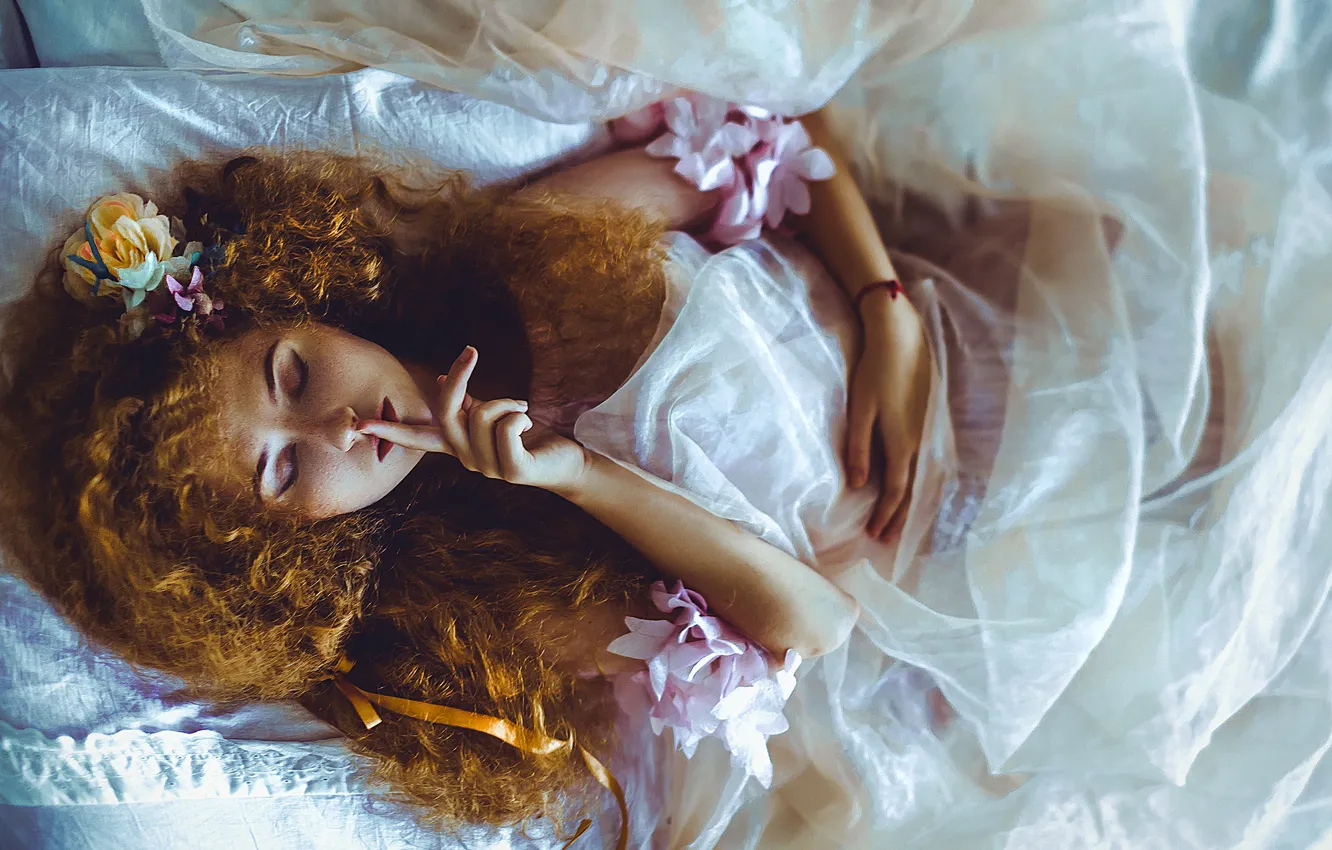 Photo wallpaper girl, flowers, hair, red, curls, gesture, redhead, closed eyes