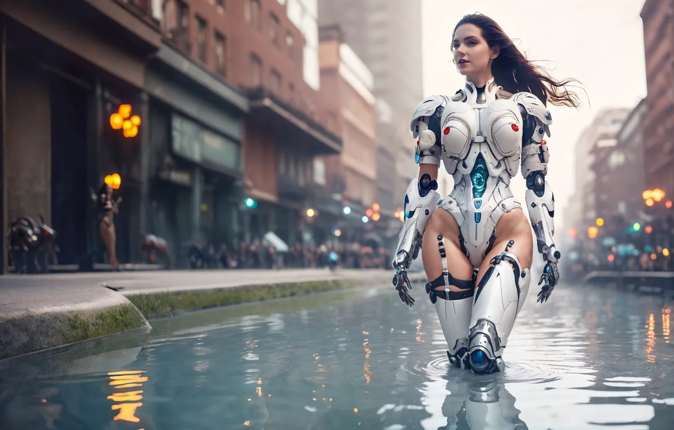 Photo wallpaper water, the city, street, building, costume, digital art, the world of the future, digital art