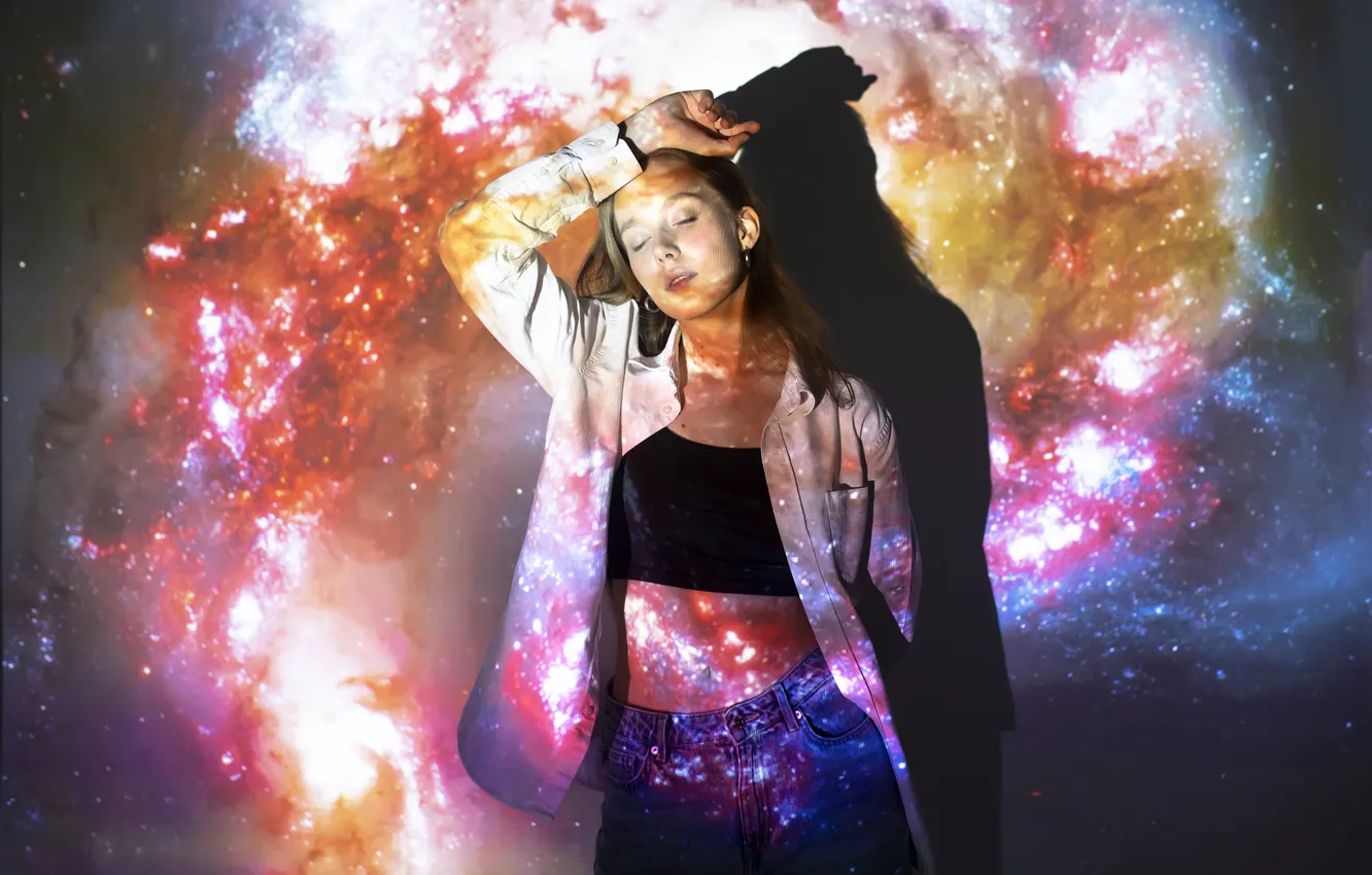 Photo wallpaper universe, woman, young, standing, textureprojection