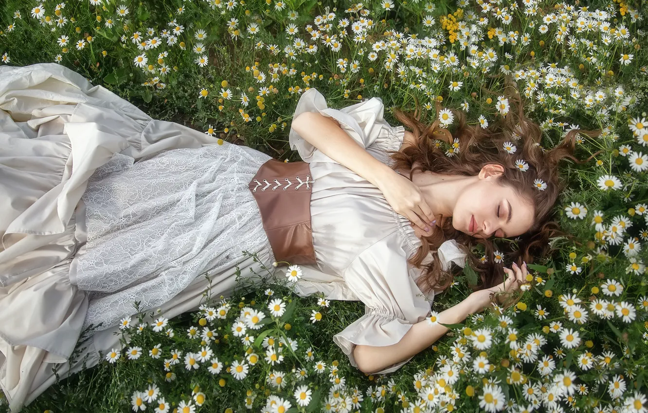 Photo wallpaper girl, flowers, nature, chamomile, dress, brown hair, curls, Anastasia Barmina