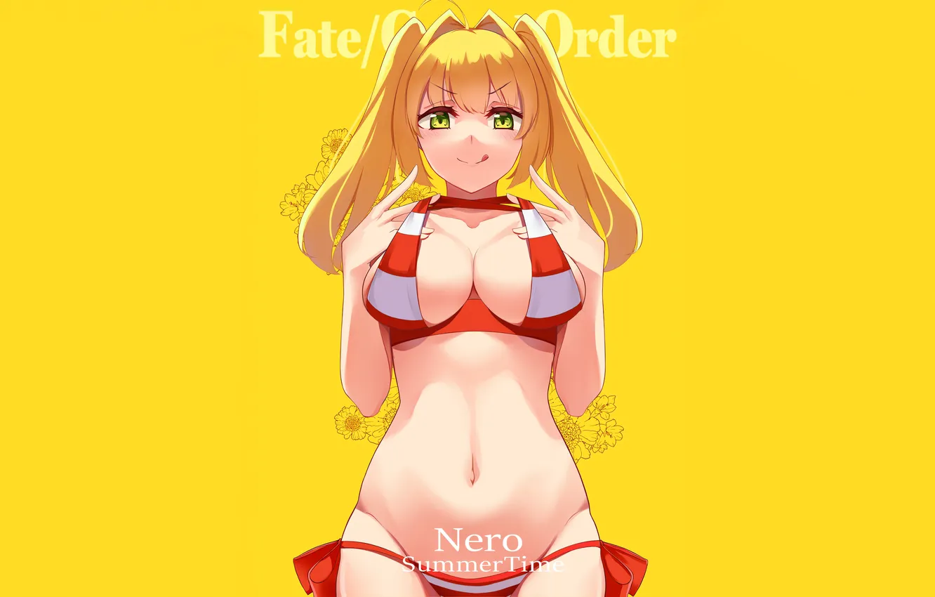 Photo wallpaper girl, sexy, cleavage, green eyes, long hair, boobs, anime, flowers