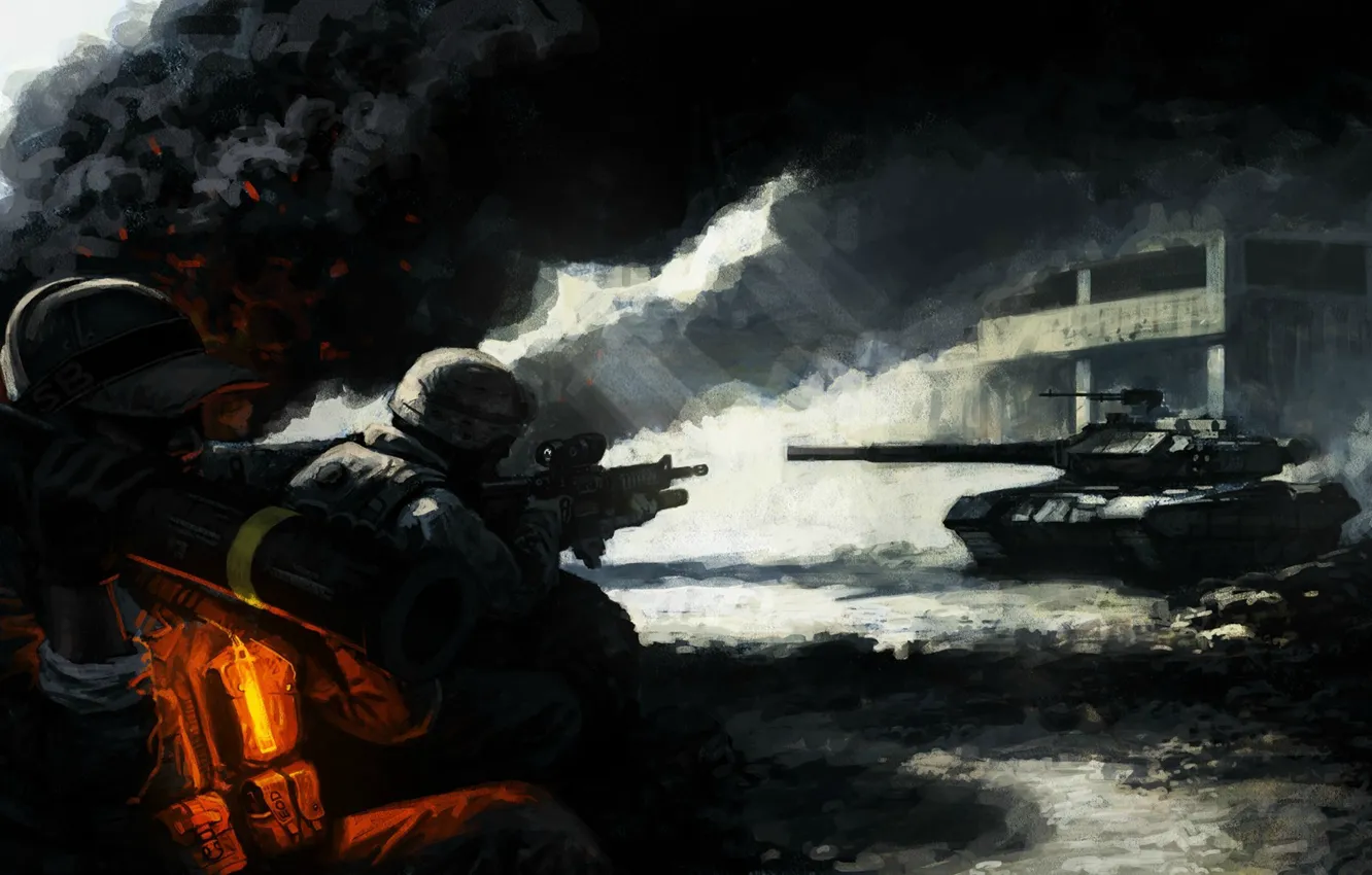 Photo wallpaper light, ash, weapons, smoke, the building, art, soldiers, tank
