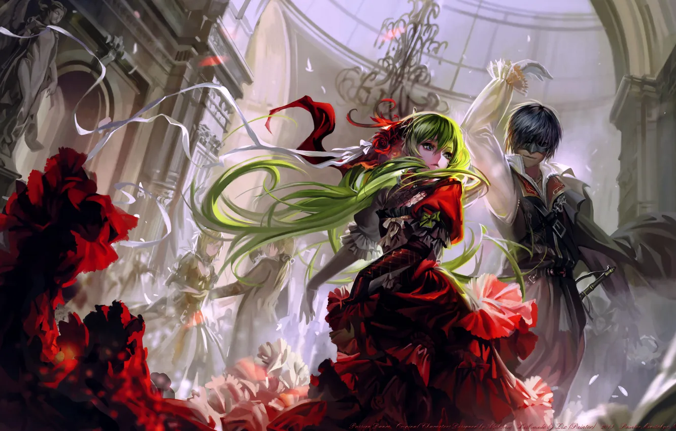 Photo wallpaper dress, mask, hatsune miku, two girls, kagamine rin, art, ball, kagamine len