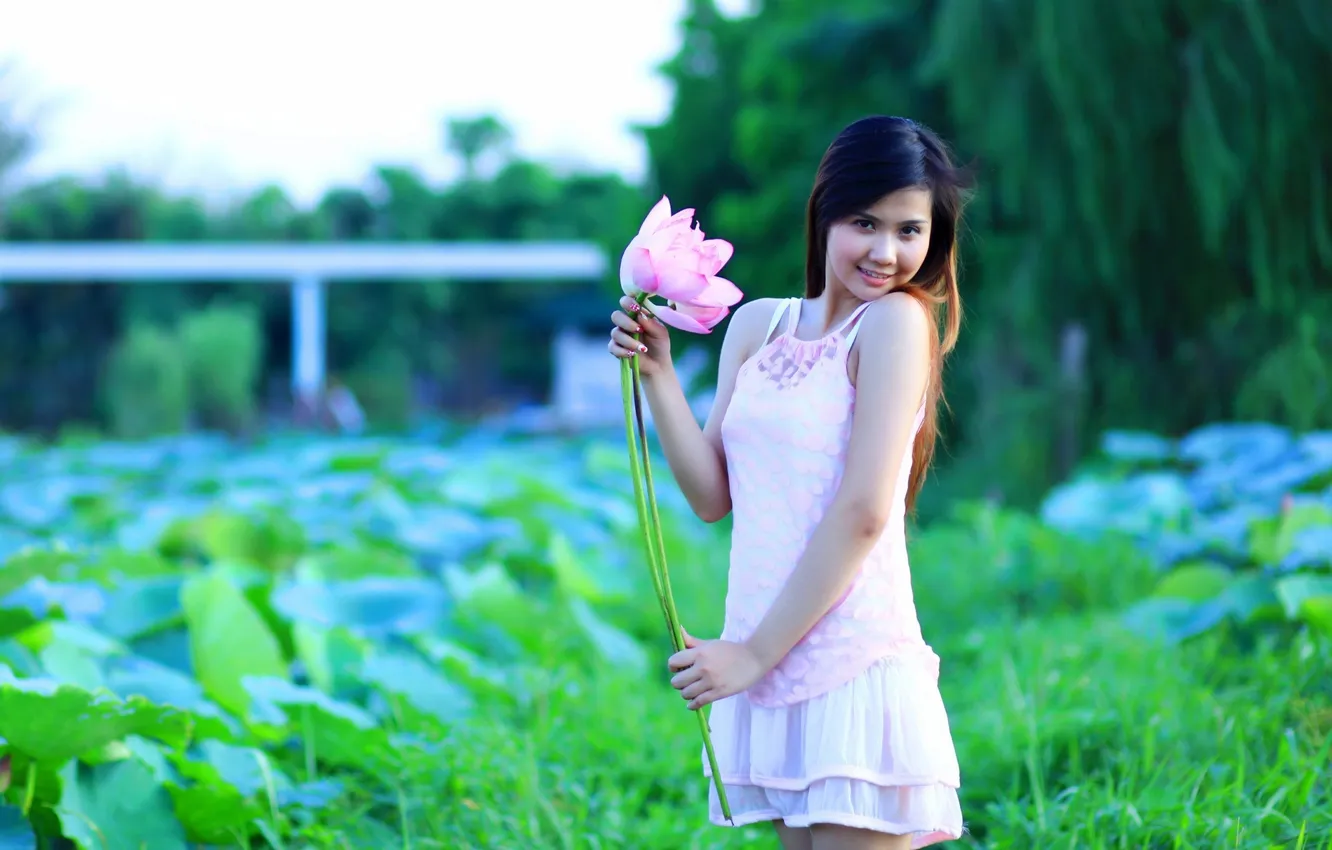 Photo wallpaper look, girl, flowers, sweetheart, brunette, Asian