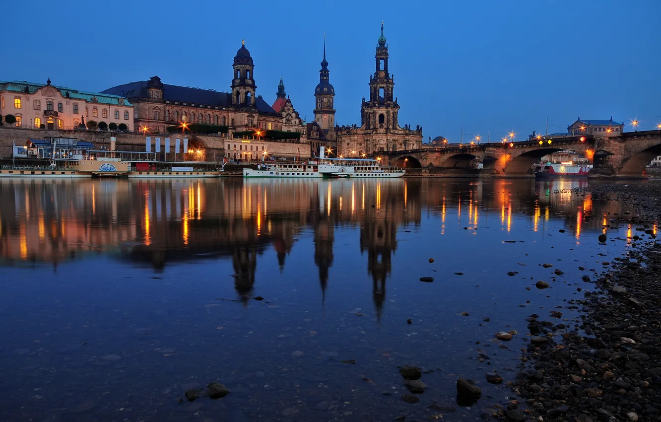 Photo wallpaper night, bridge, lights, reflection, river, building, tower, Germany