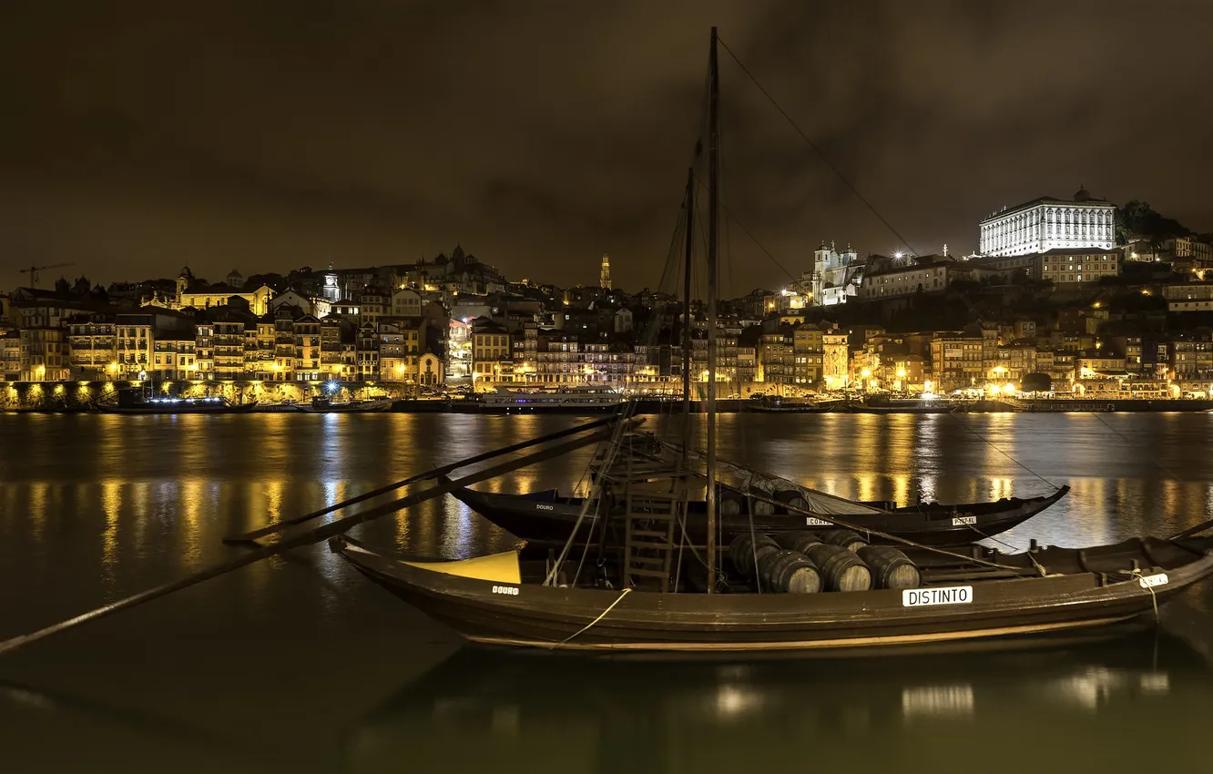 Photo wallpaper the sky, landscape, mountains, night, lights, river, boat, home