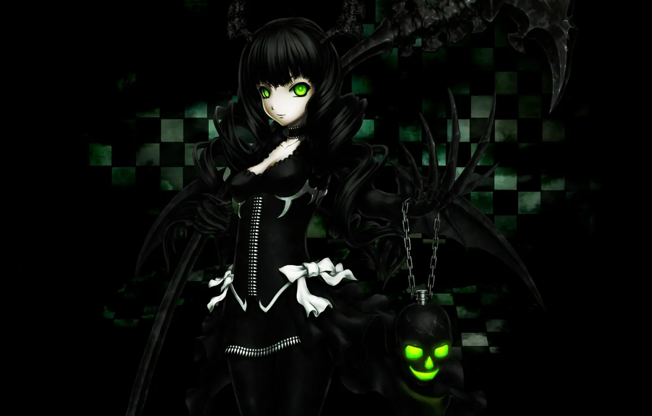 Photo wallpaper girl, the inscription, skull, chain, claws, horns, bow, black rock shooter