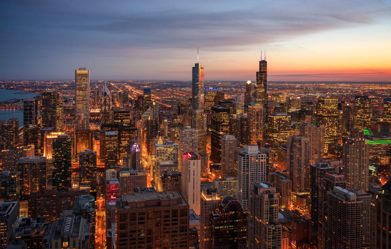 Photo wallpaper sunset, home, Chicago, panorama, USA