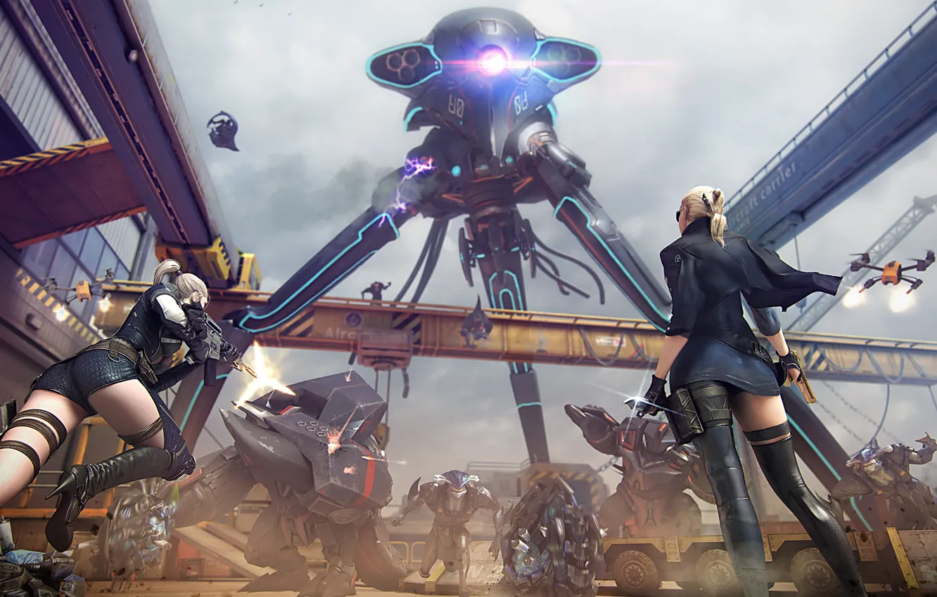 Photo wallpaper attack, the game, robot, battle, game, shootout, characters, Girls with guns