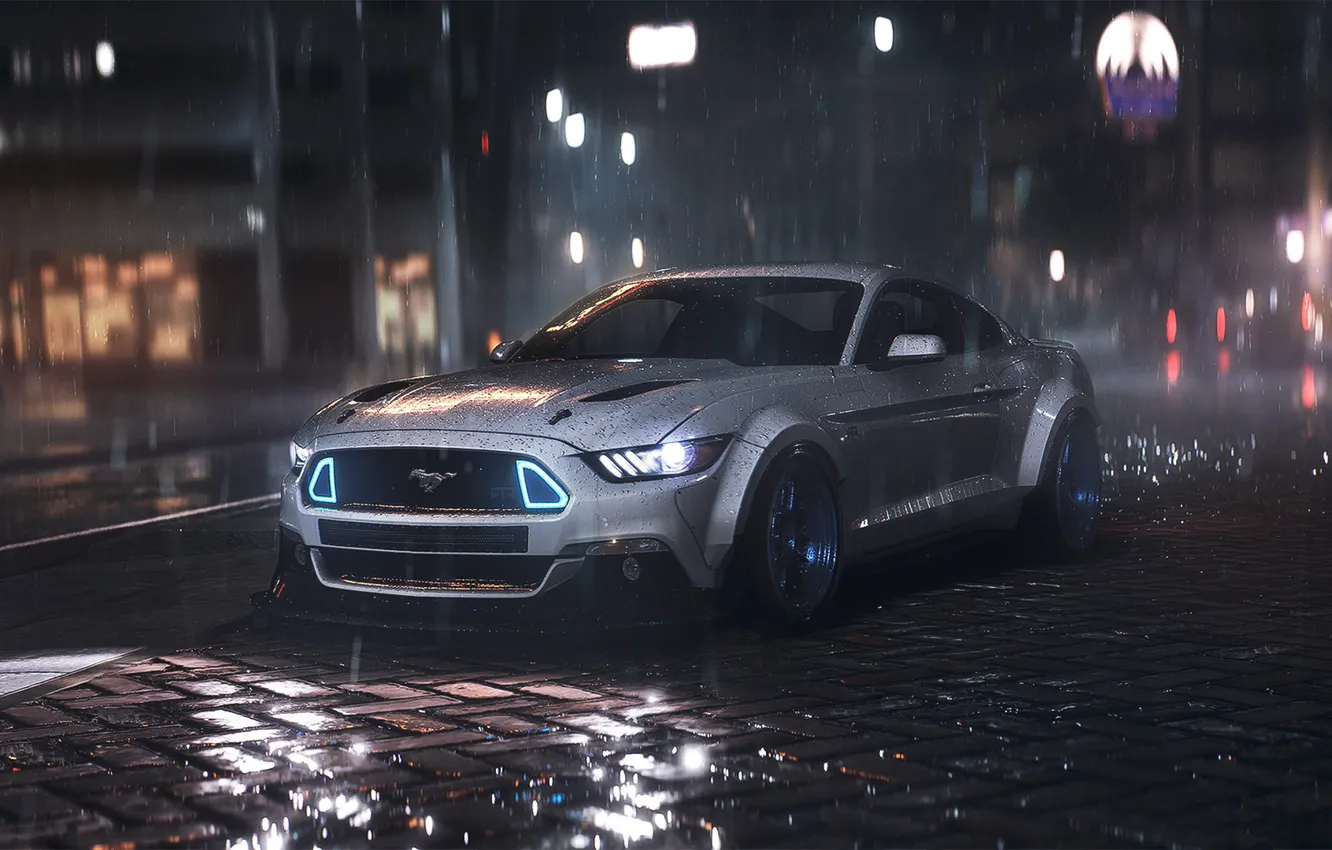 Photo wallpaper Mustang, Ford, Dark, Car, Front, Night, RTR, Rain