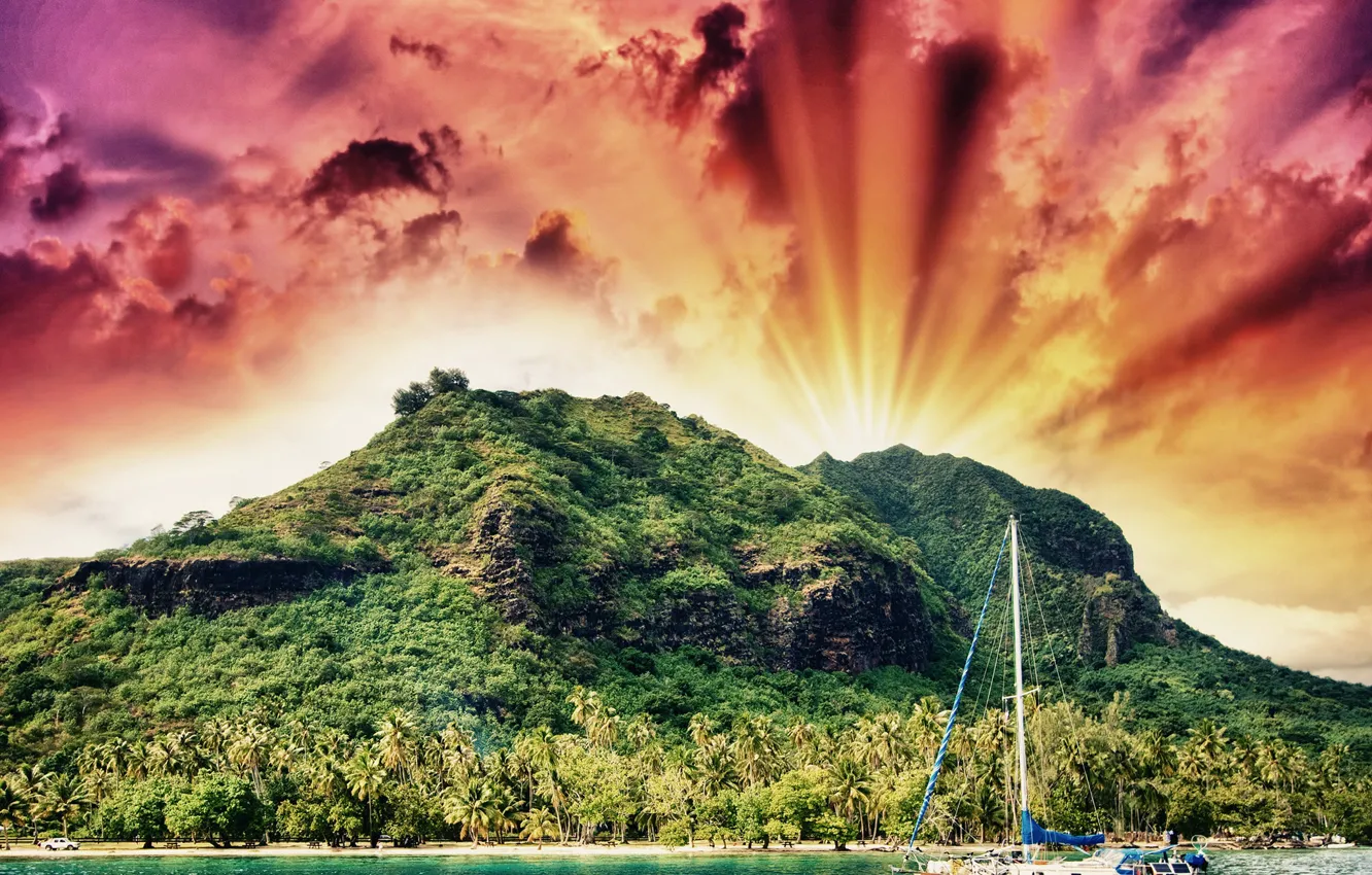 Photo wallpaper sea, the sky, the sun, clouds, rays, mountains, tropics, palm trees