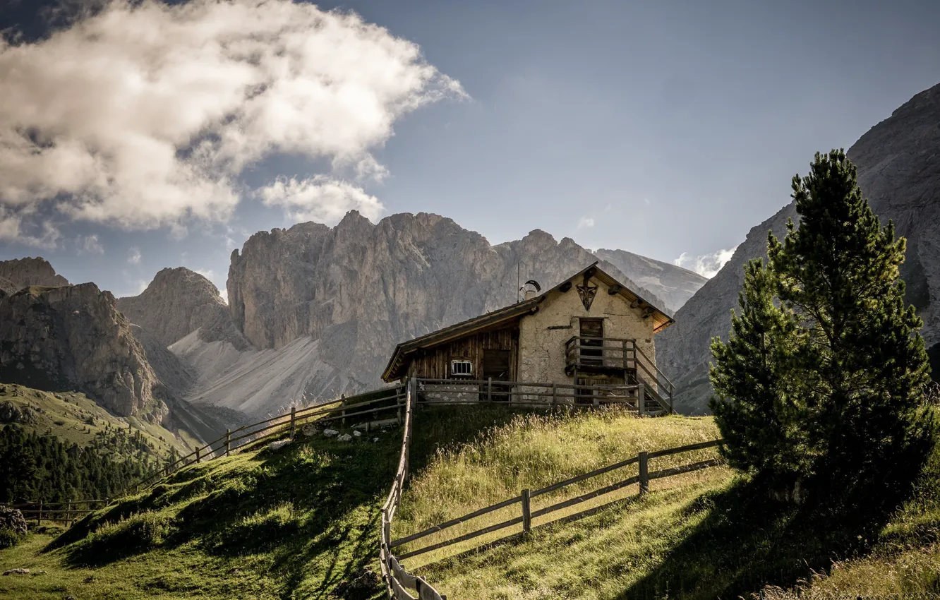 Photo wallpaper mountains, house, The Dolomites
