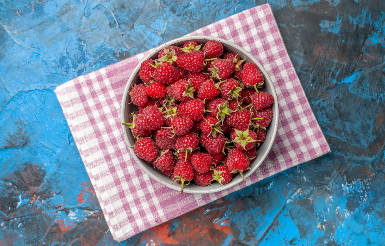 Photo wallpaper berries, raspberry, bowl, blue background, blue background