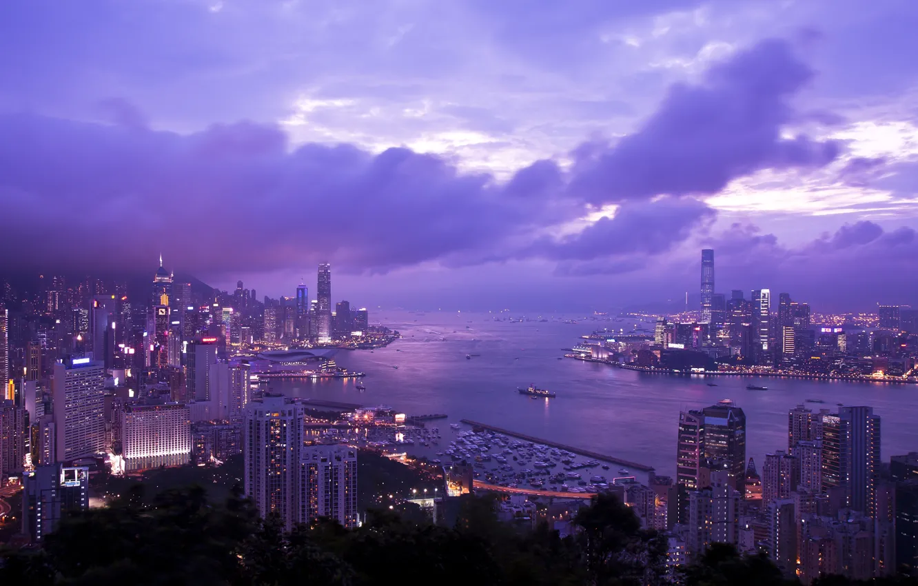 Photo wallpaper the sky, clouds, Hong Kong, skyscrapers, the evening, lighting, panorama, Bay