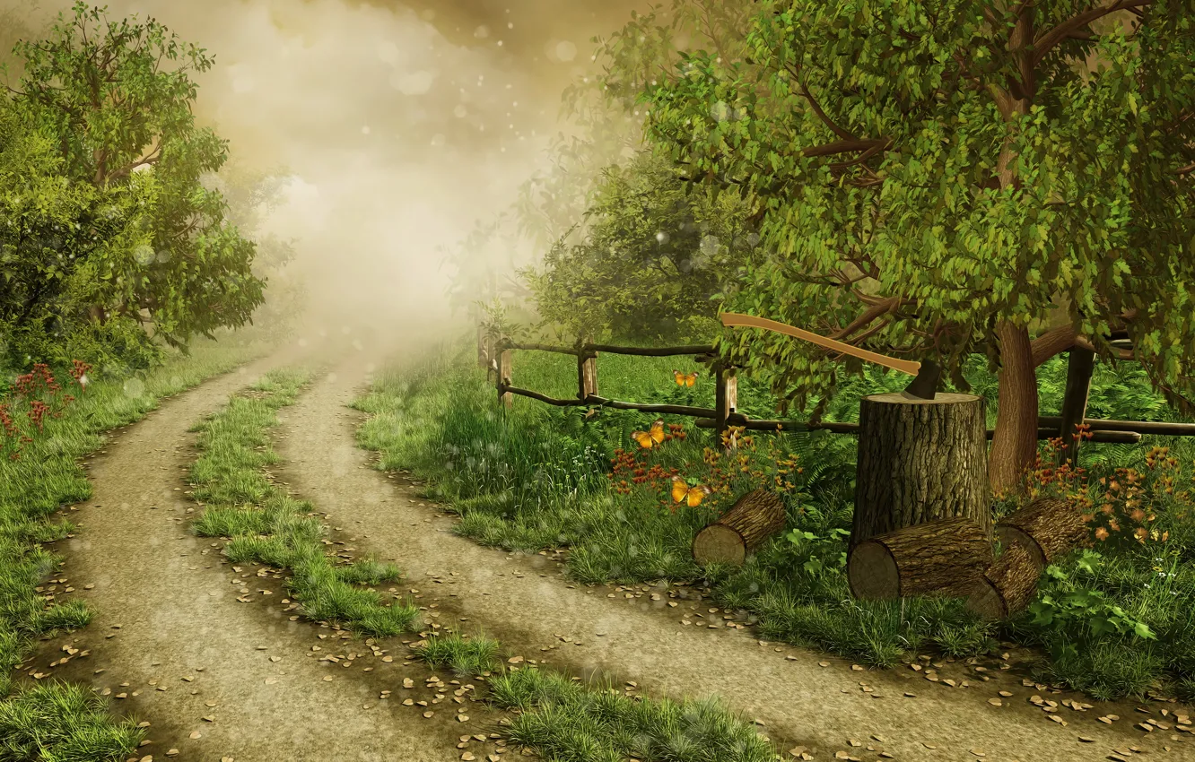 Photo wallpaper road, forest, grass, trees, nature, fog, glare, butterfly