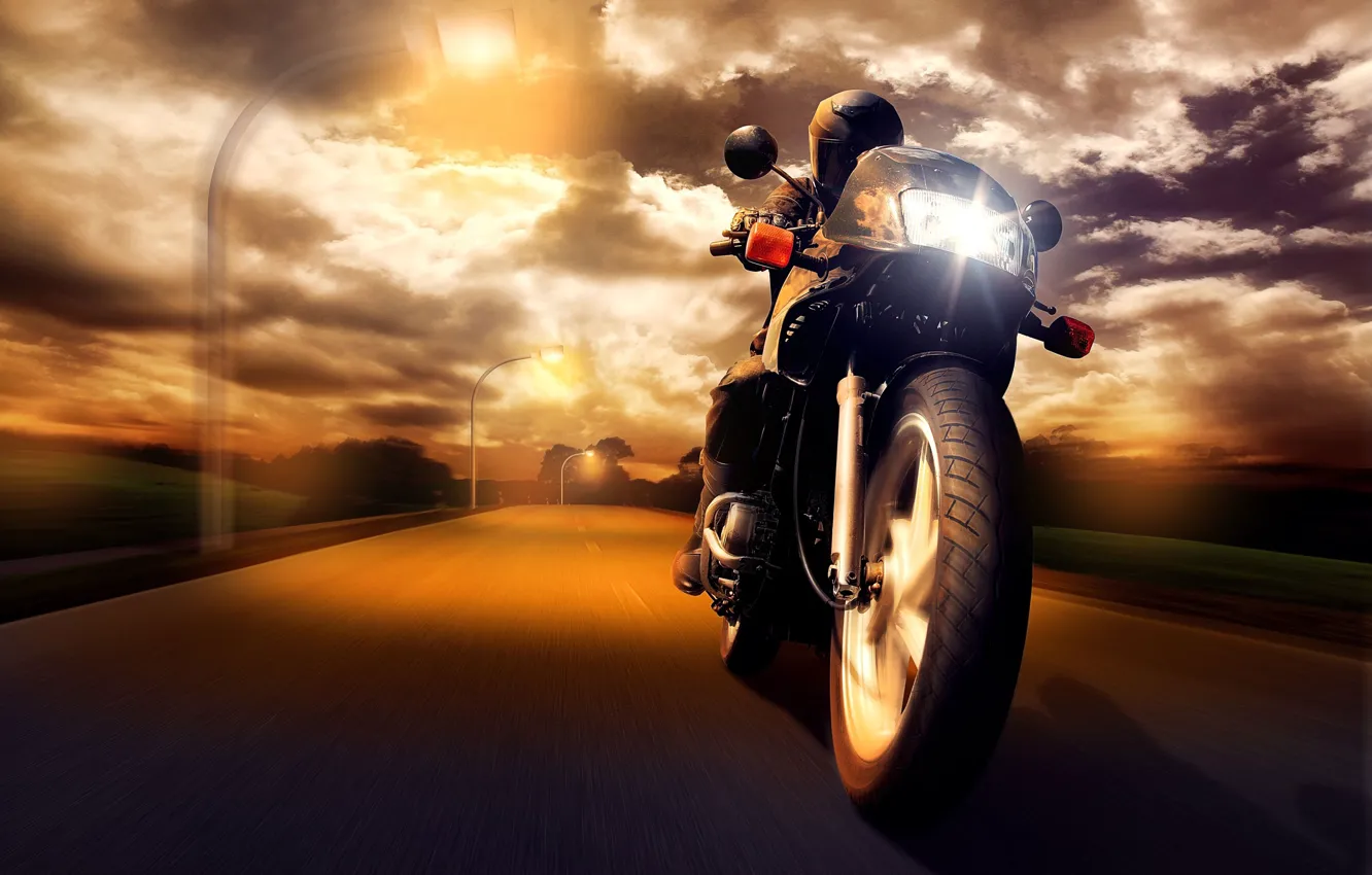 Photo wallpaper road, sunset, speed, motorcycle, male