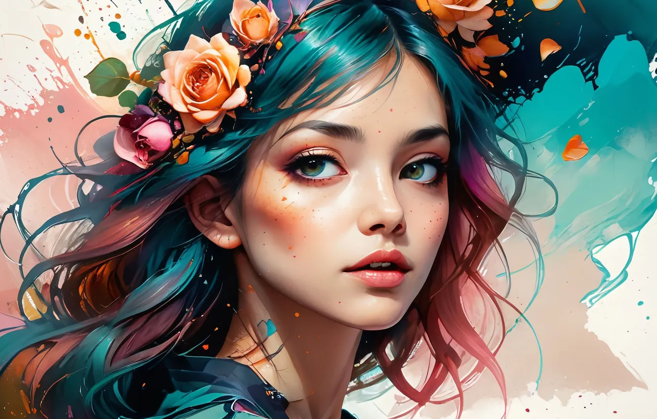 Photo wallpaper look, blue hair, abstract background, portrait of a girl, strands of hair, a wreath of …