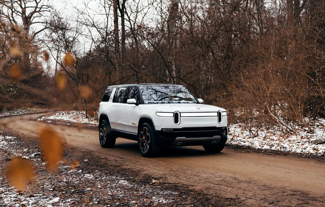 Photo wallpaper road, forest, white, SUV, 2019, Rivian, R1S