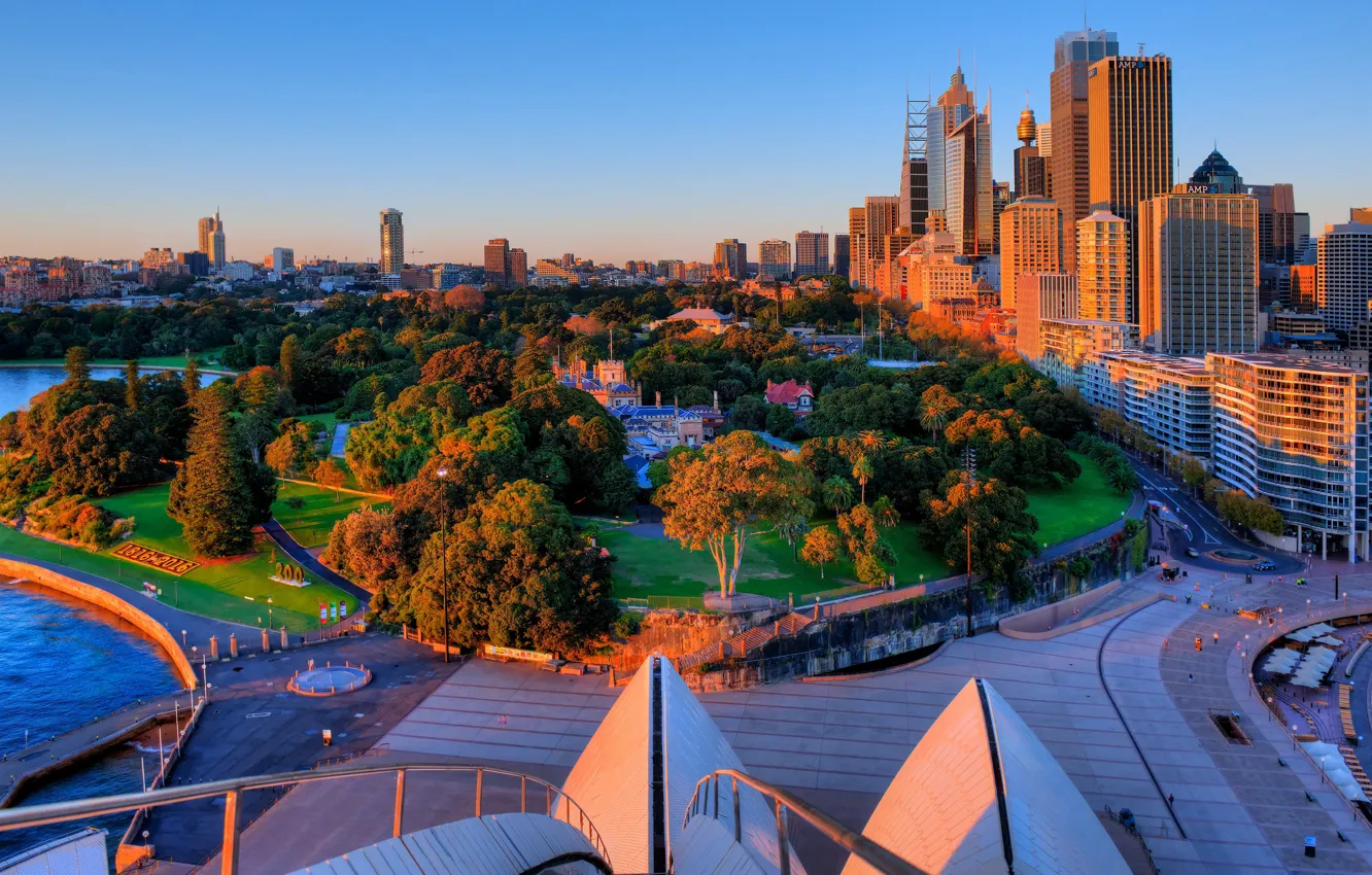 Photo wallpaper the sun, trees, sunset, Park, building, home, the evening, Australia