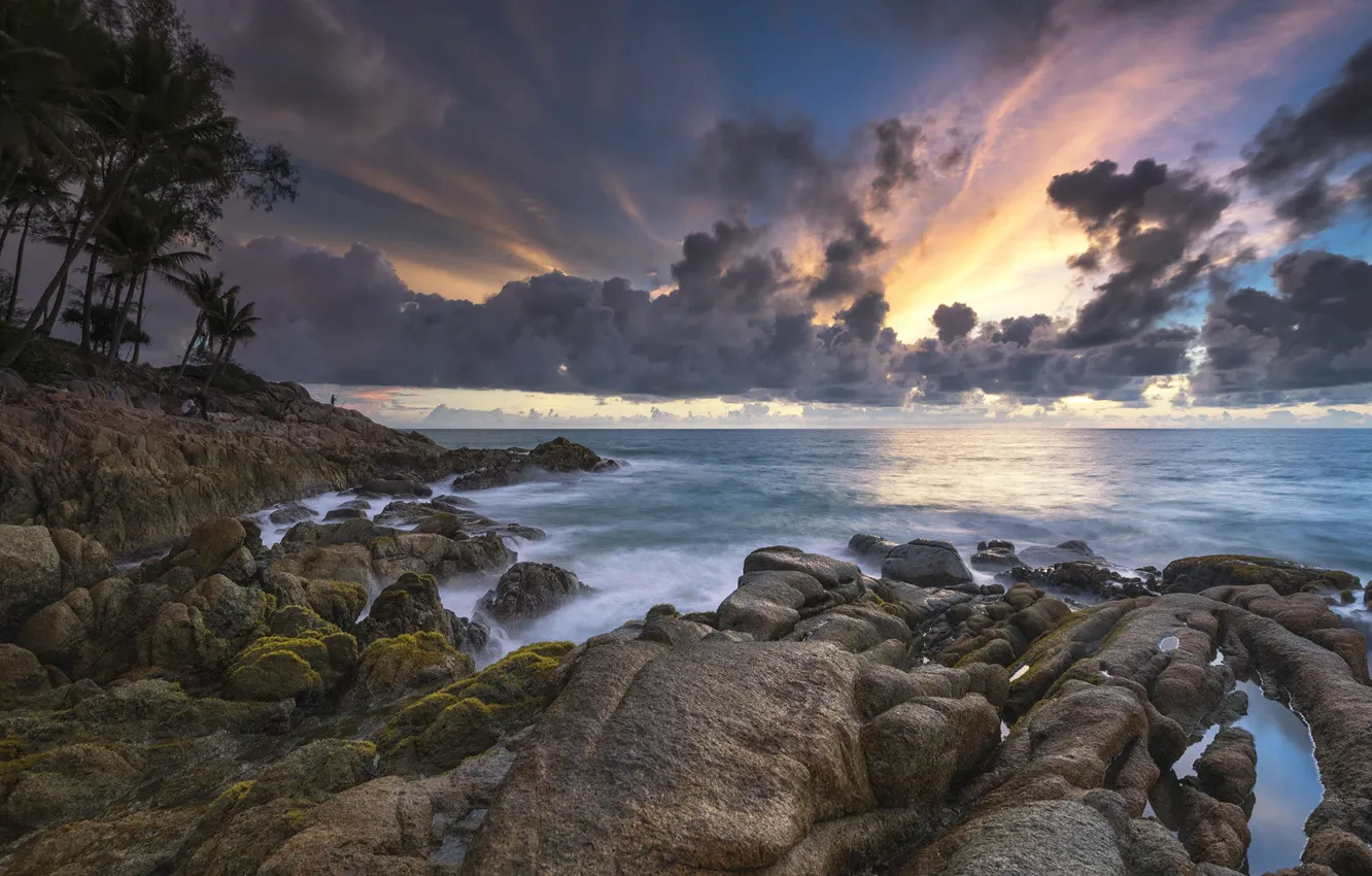 Photo wallpaper sea, landscape, clouds, nature, stones, palm trees, shore, Thailand