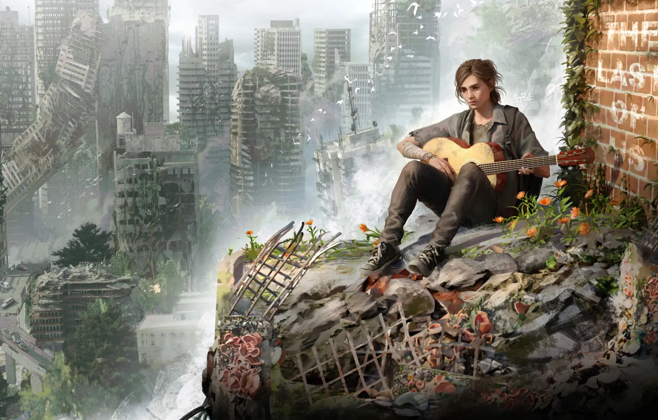 Photo wallpaper the city, guitar, skyscrapers, Ellie, postapokalipsis, fan art, The Last of Us