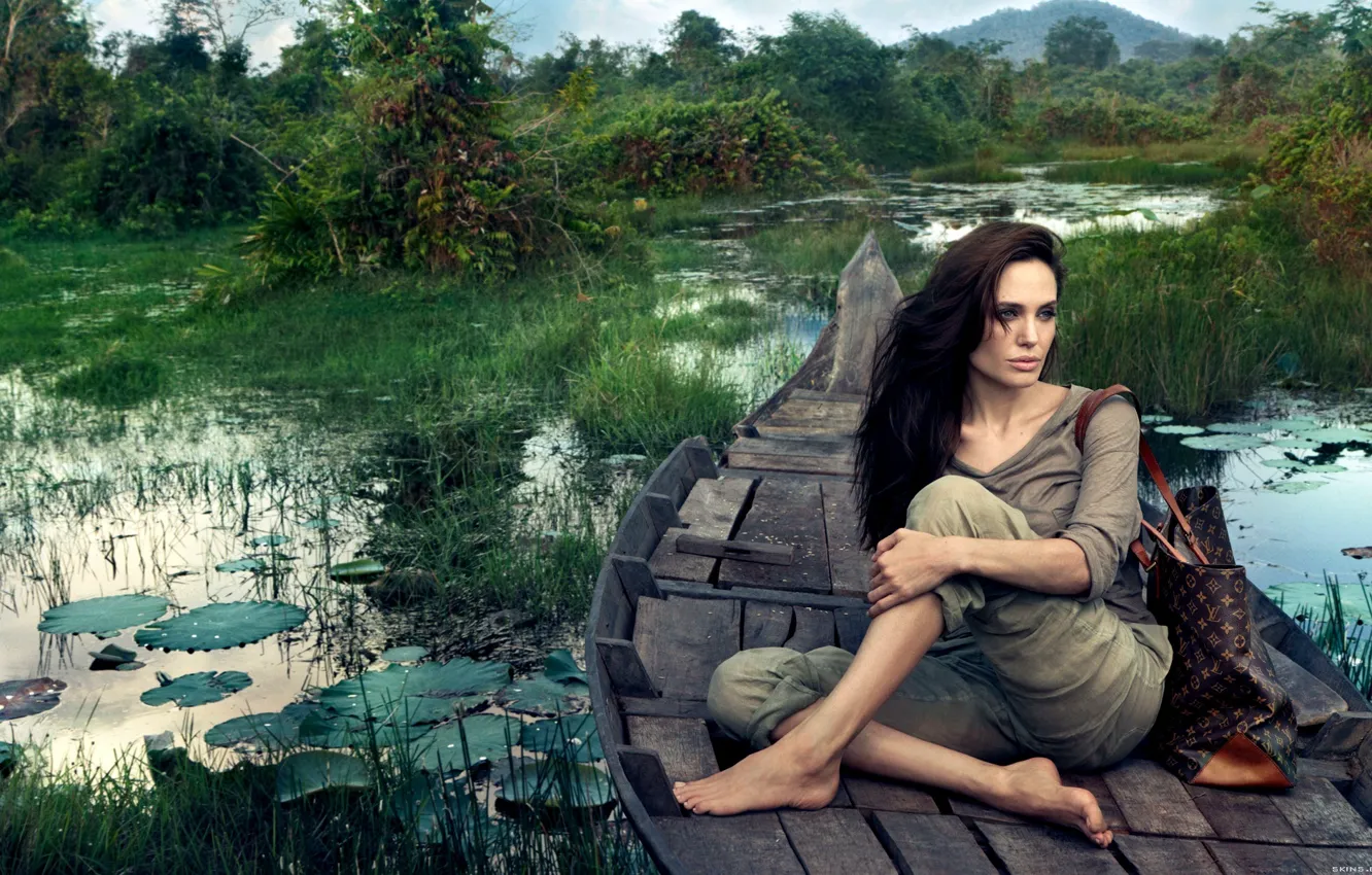 Photo wallpaper boat, angelina jolie, sitting, swamp
