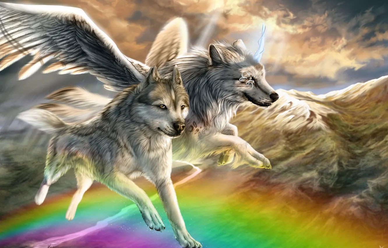 Photo wallpaper animals, mountains, fiction, wings, rainbow, art, pair, wolves