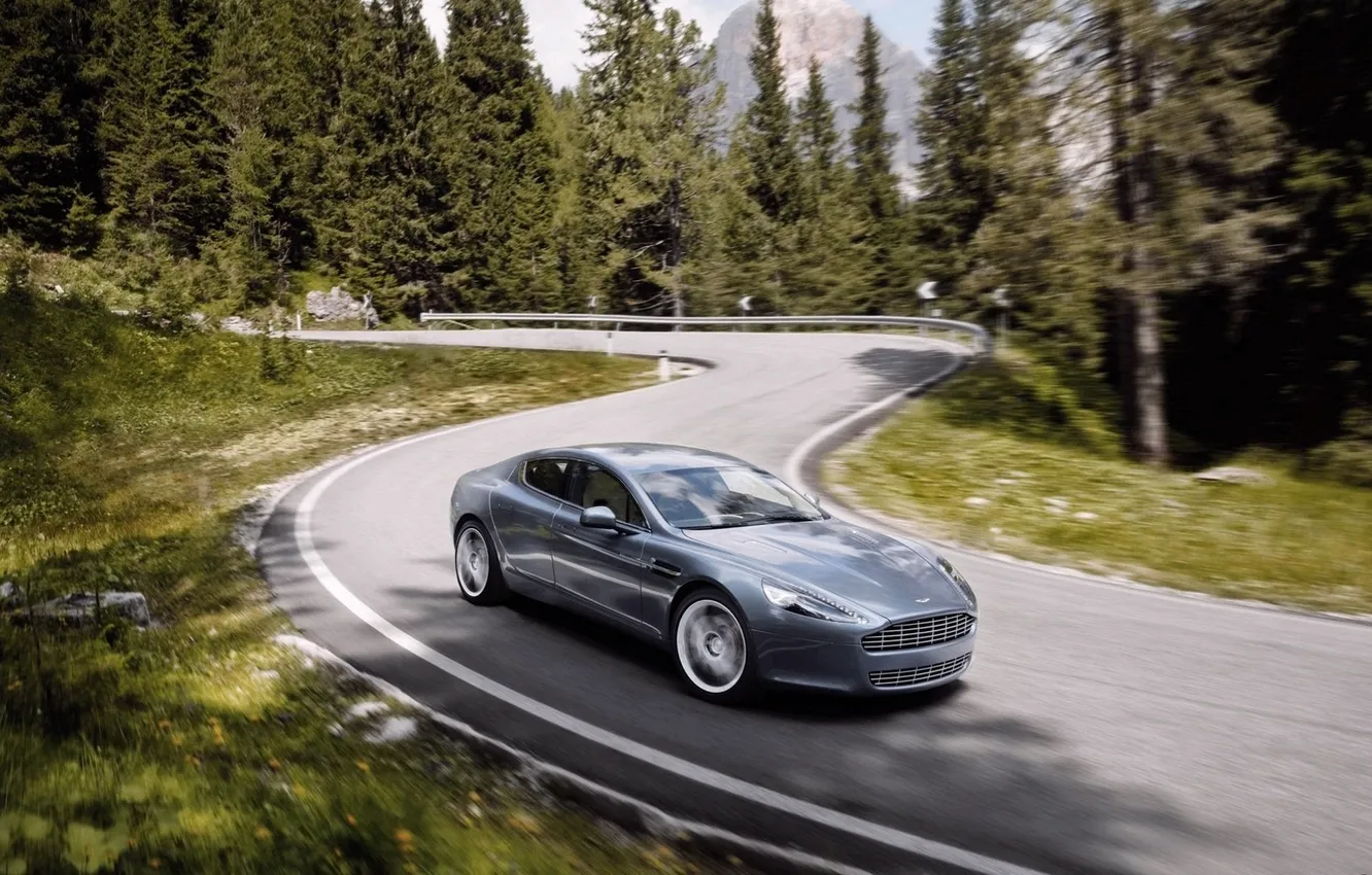 Photo wallpaper road, auto, forest, trees, Aston Martin, blur, turn
