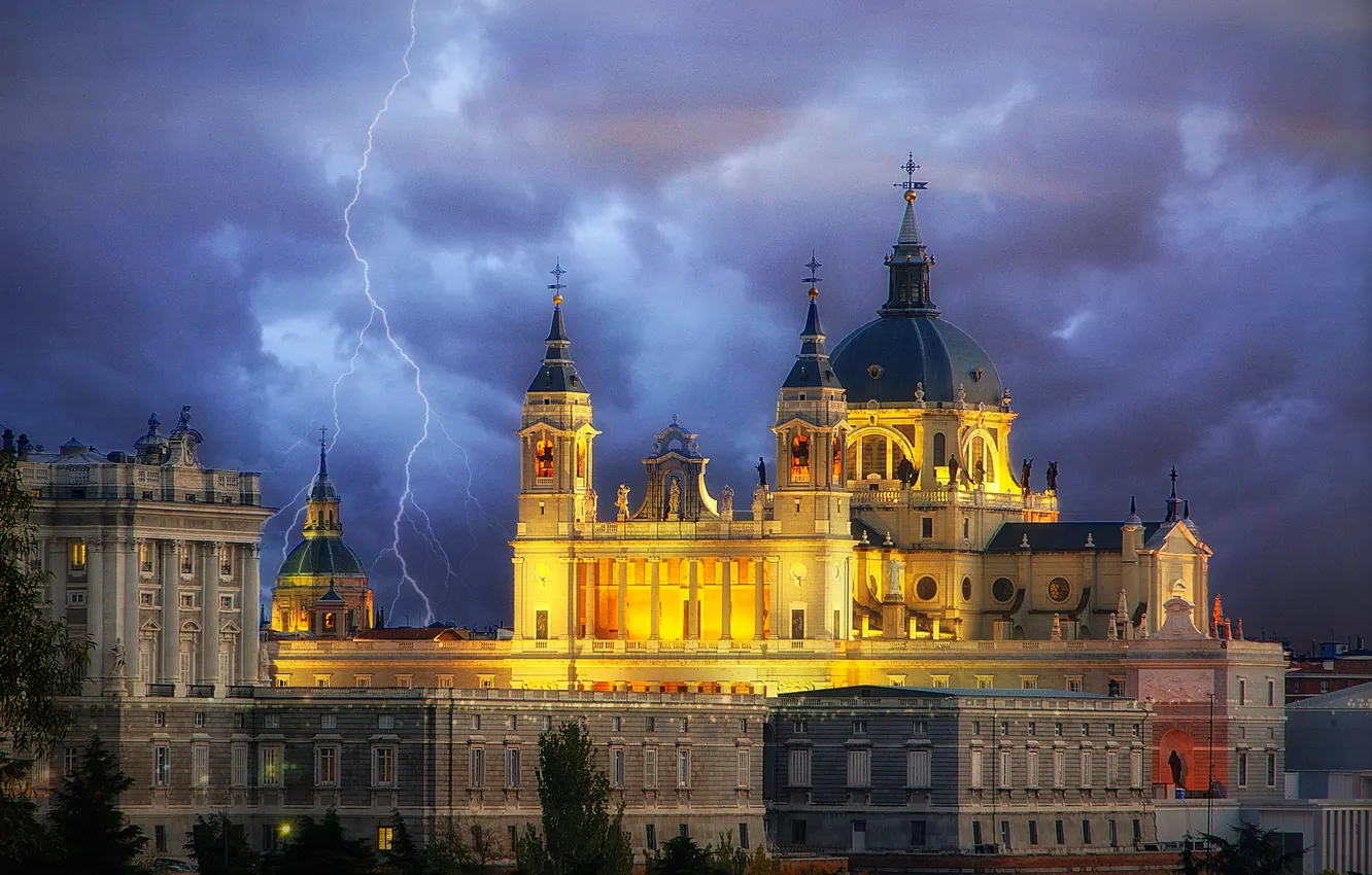 Photo wallpaper the sky, landscape, clouds, lightning, Cathedral, Spain, the dome, Madrid