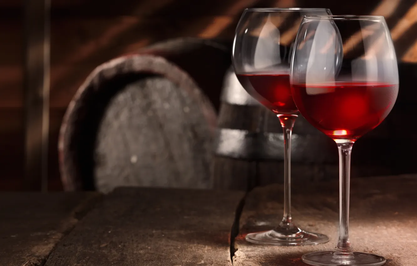 Photo wallpaper table, wine, red, glasses, cellar, barrels