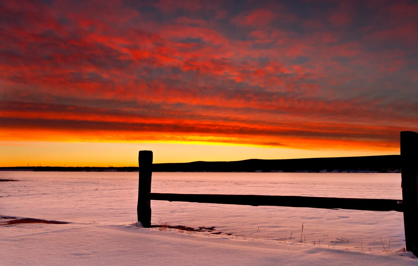 Photo wallpaper winter, field, snow, sunset, fire, the fence, power lines, orange sky