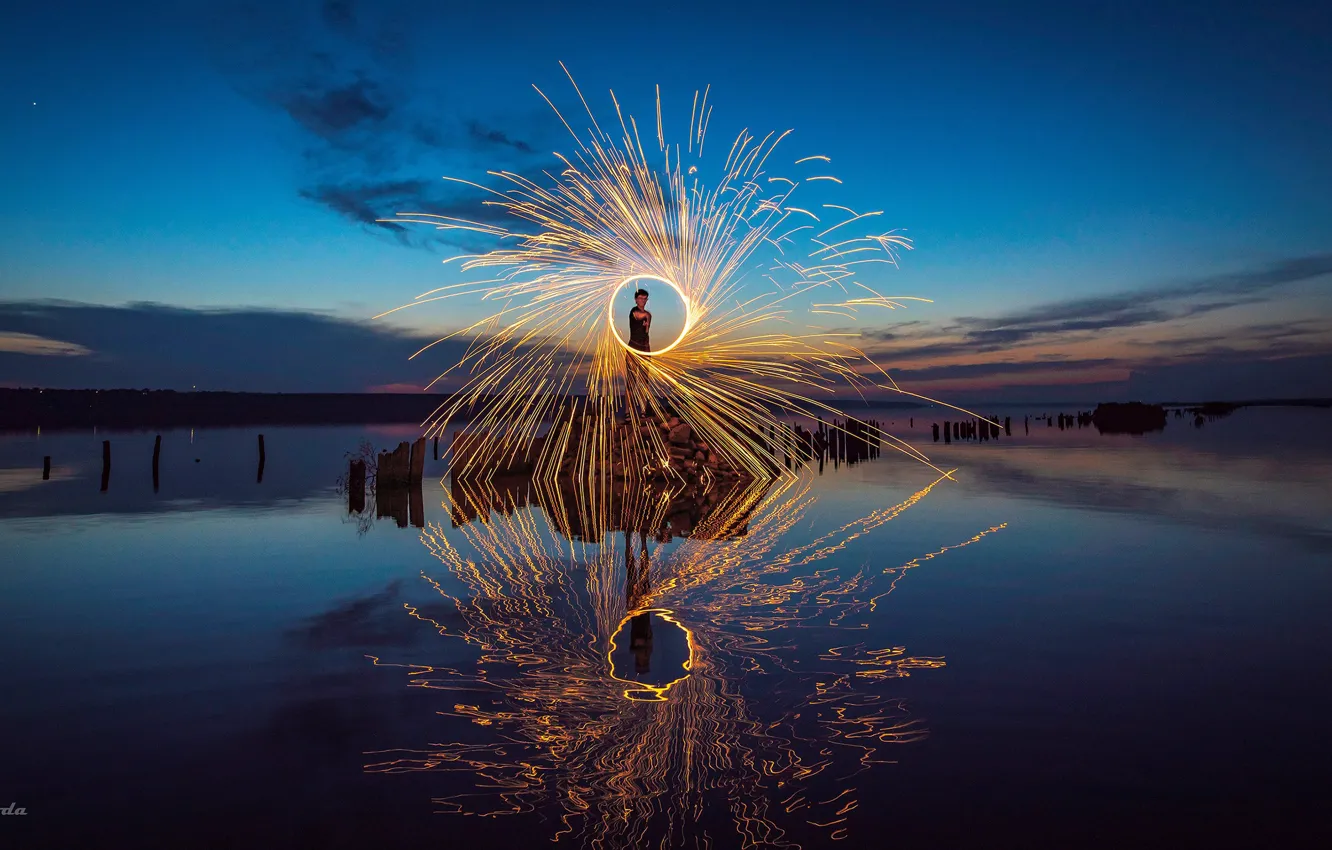 Photo wallpaper water, reflection, night, mood, fire, the atmosphere, People, fireshow