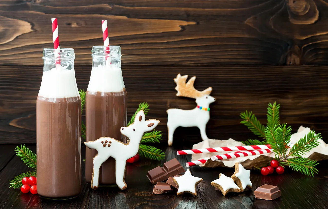 Photo wallpaper tree, chocolate, cookies, drink, deer, Christmas, chocolate, glaze