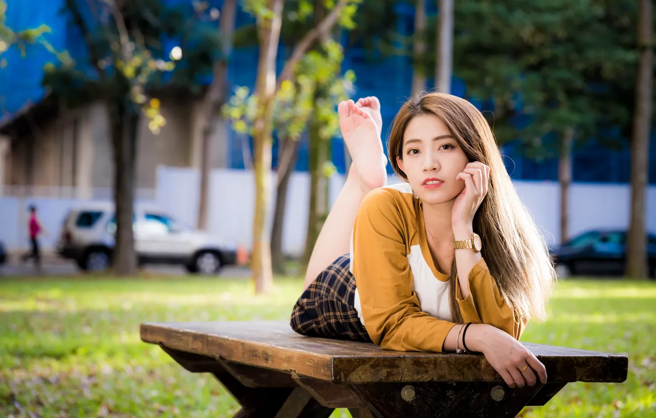 Photo wallpaper girl, Asian, bench