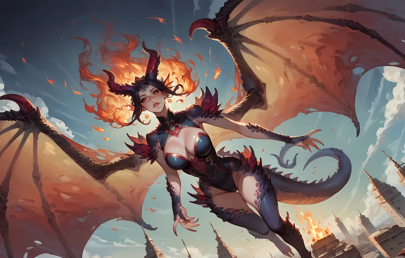 Photo wallpaper girl, the city, lights, flame, dragon, wings