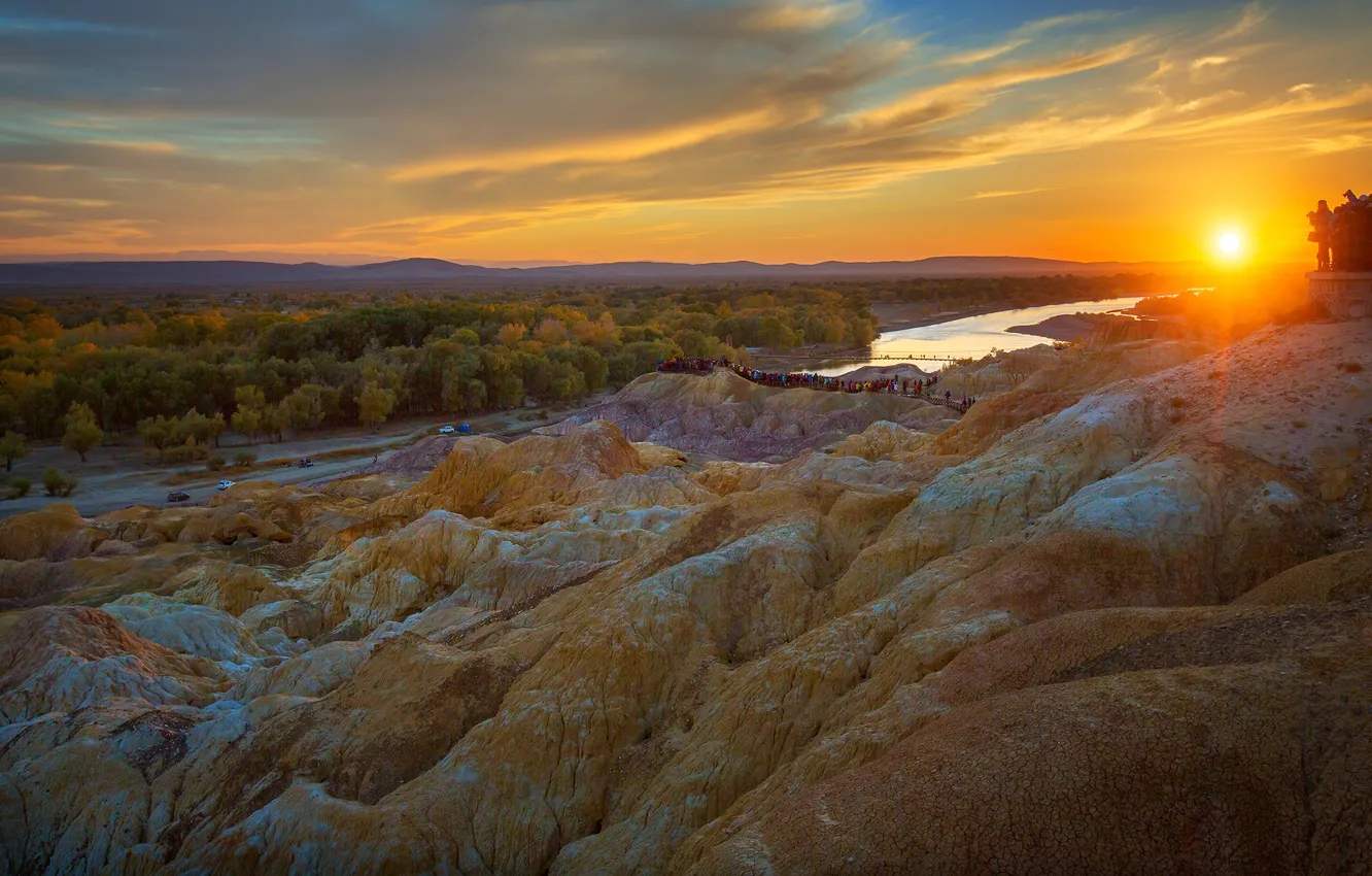 Photo wallpaper sunset, mountains, river, rocks, glow