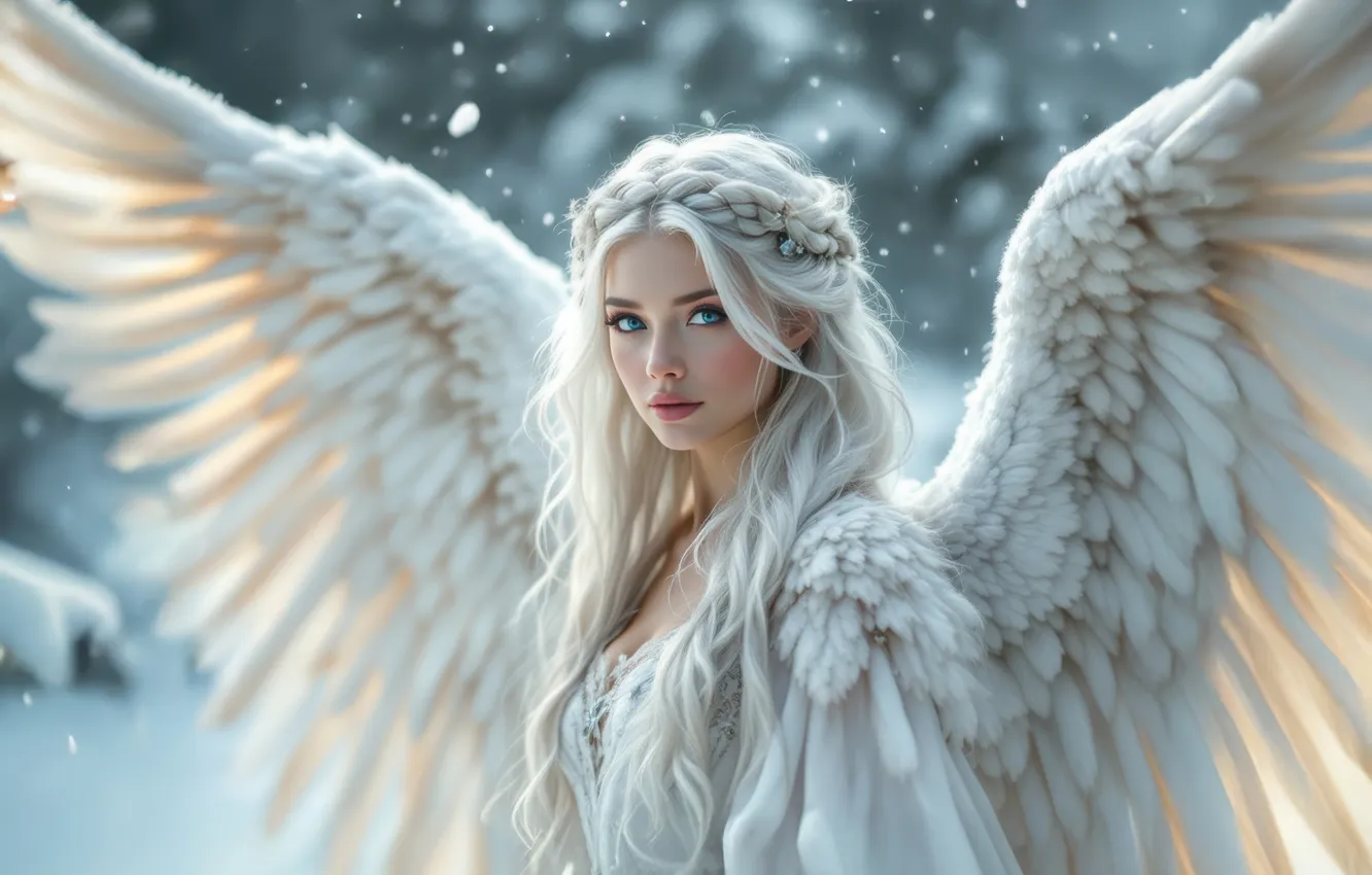 Photo wallpaper winter, look, girl, snow, nature, new year, portrait, wings