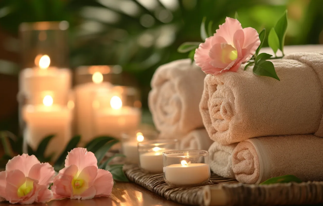 Photo wallpaper flowers, towel, candles, Orchid, AI art, neural network