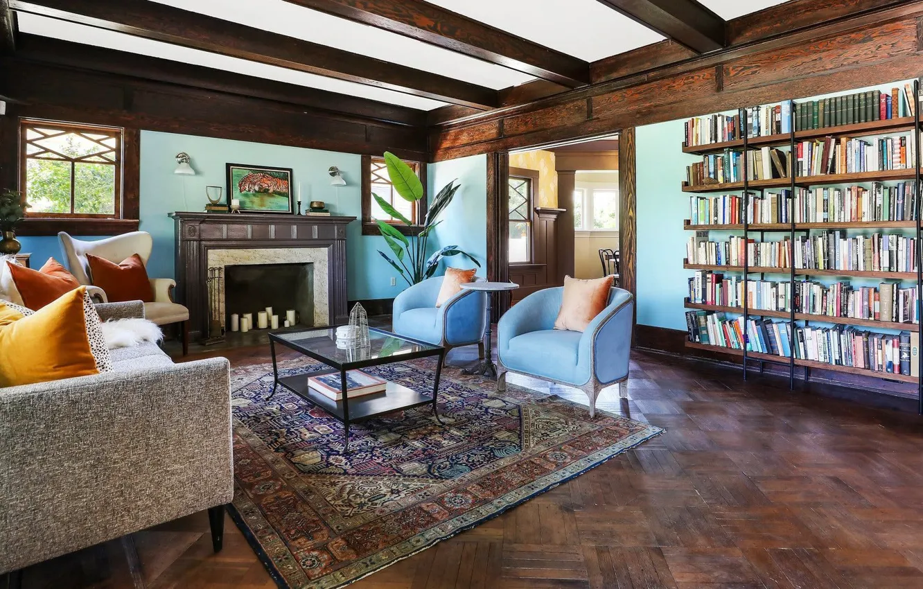 Photo wallpaper design, style, interior, fireplace, library, Los Angeles, California, living room