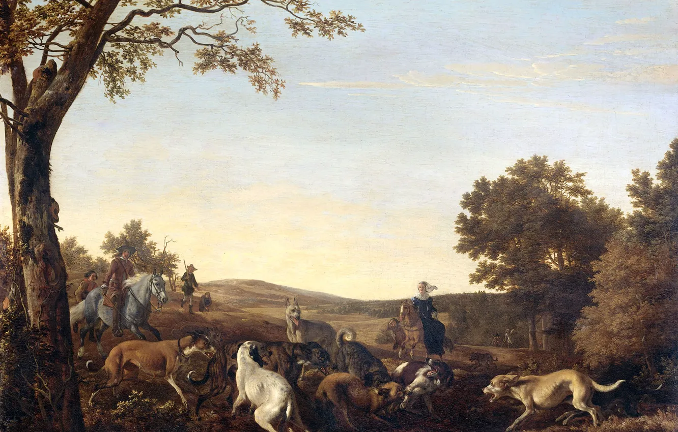Photo wallpaper landscape, oil, picture, Ludolf de Jong, Fox hunting