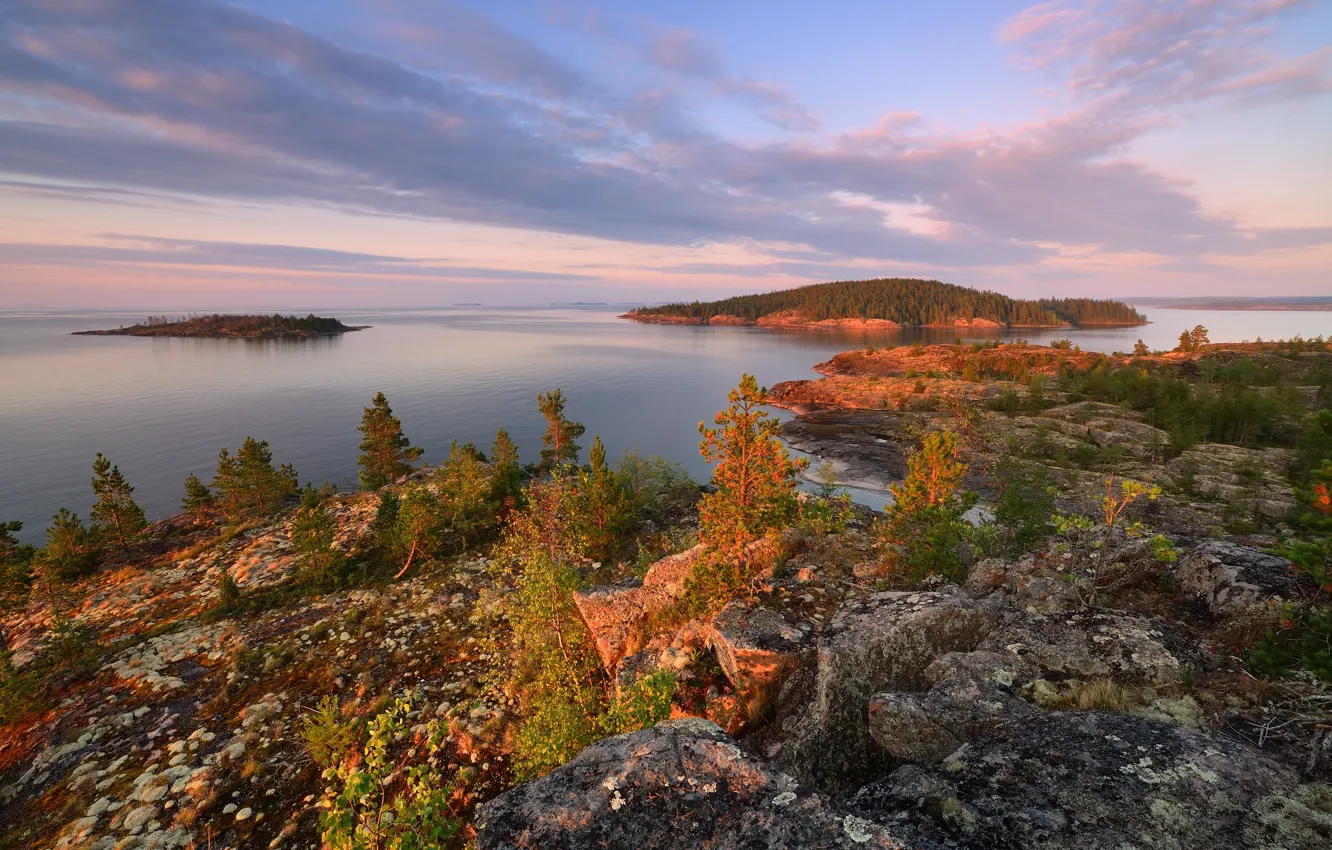 Photo wallpaper forest, sunset, mountains, stones, vegetation, island, Kolyma, Maxim Evdokimov